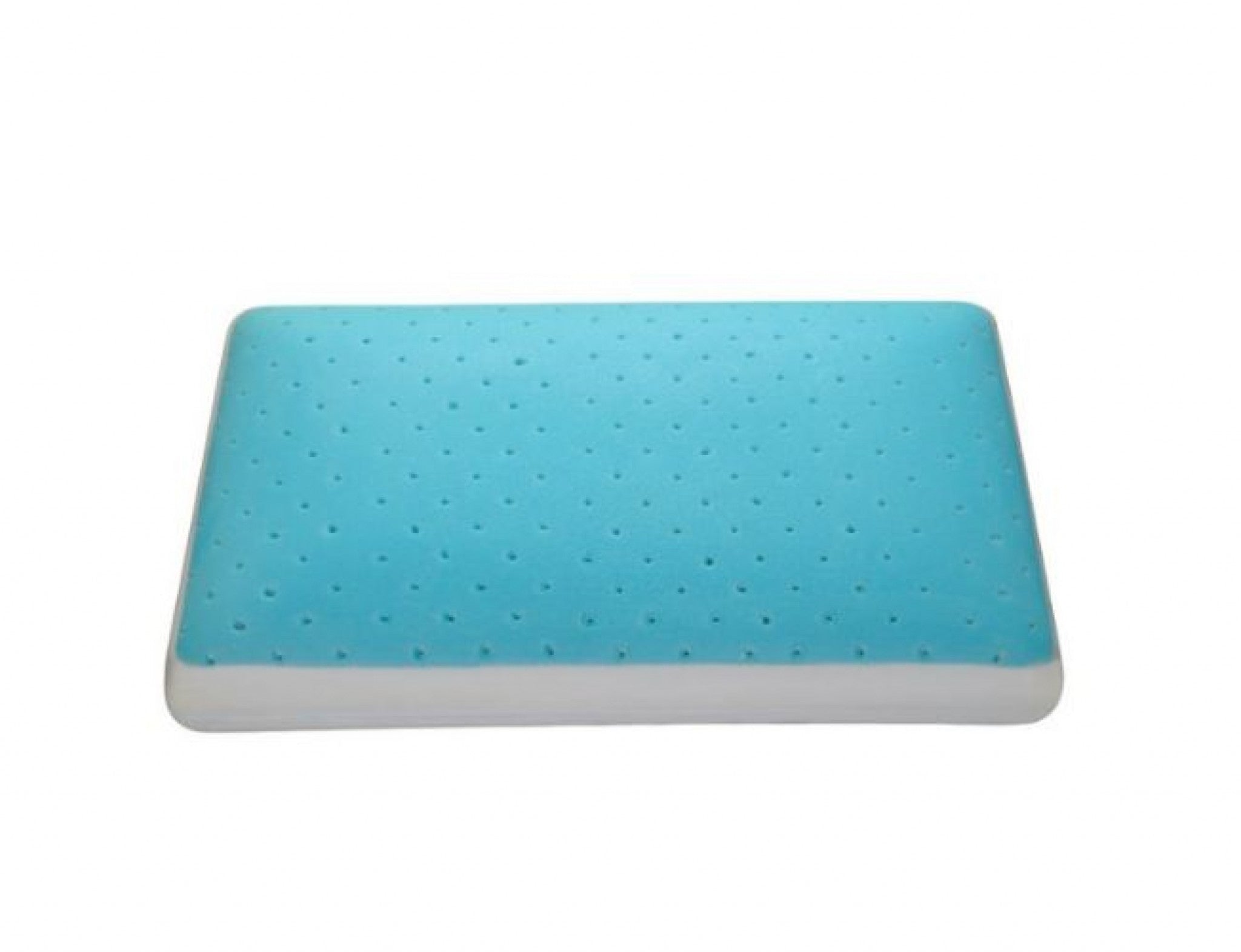 A blue gel memory foam queen size bed pillow with a white base on a white background.