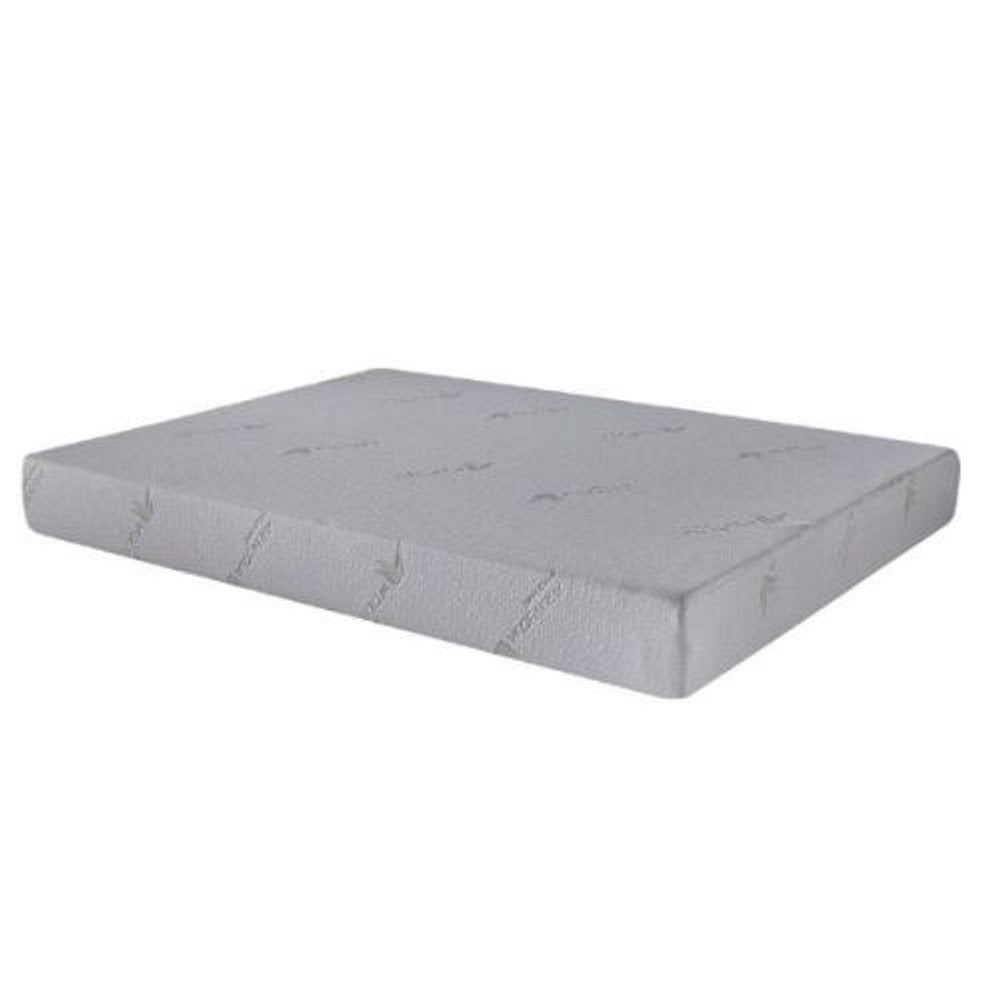 A gray twin memory foam mattress with aloe vera infusion on a white background.