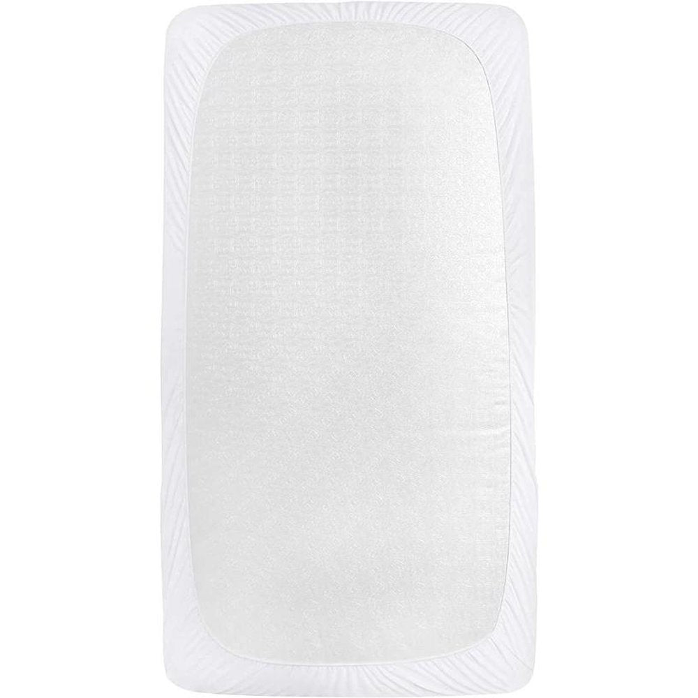5" Deep Waterproof Bamboo Terry Cloth Crib Mattress Cover. Mattress protector isolated on a plain white background, finished in white fabric.