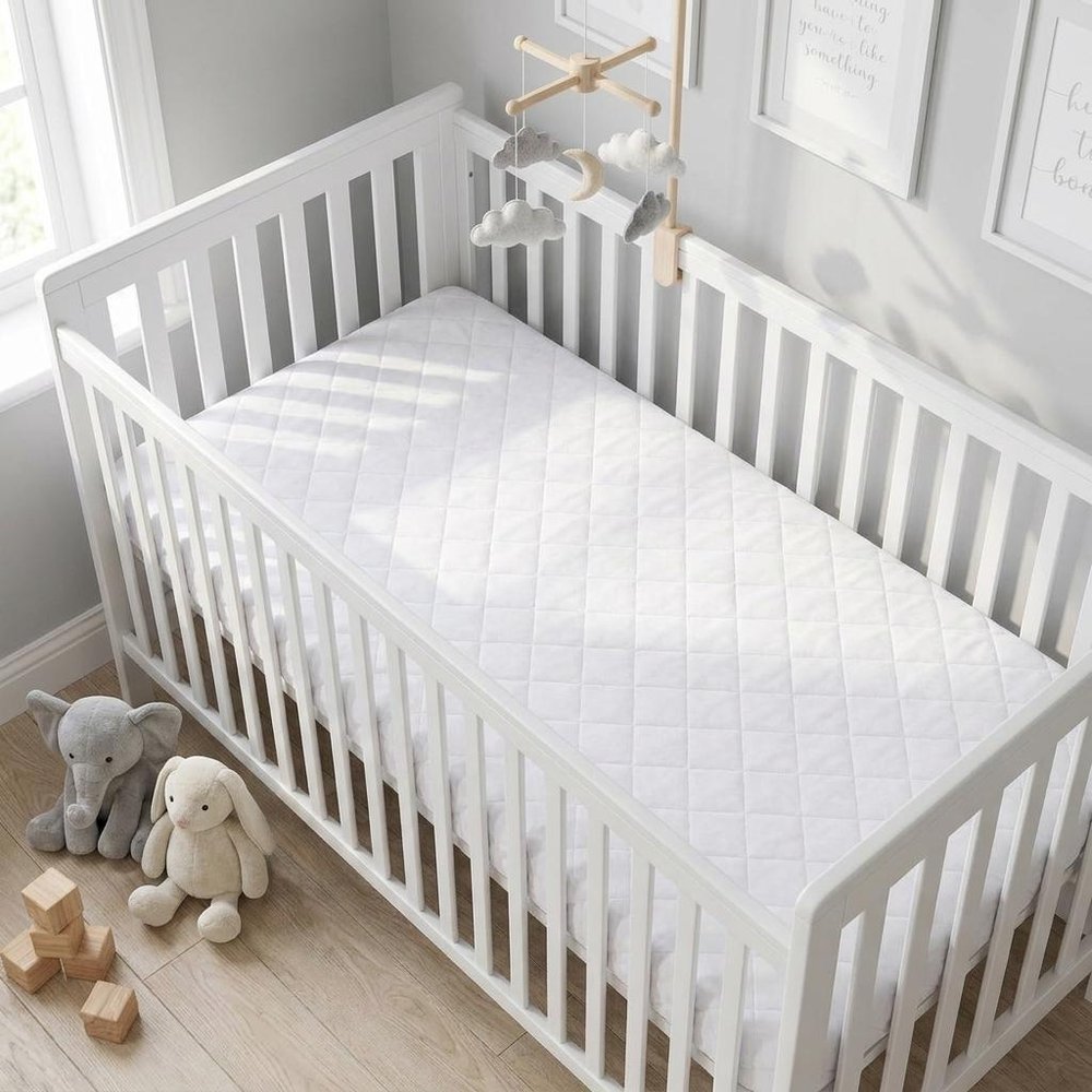 5" Deep Waterproof Bamboo Terry Cloth Crib Mattress Cover styled in a furnished interior with an off-white wall on a wood floor in white fabric.