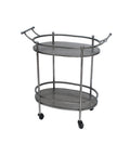 Bronze antique oval service cart with two shelves and wheels on a white background.