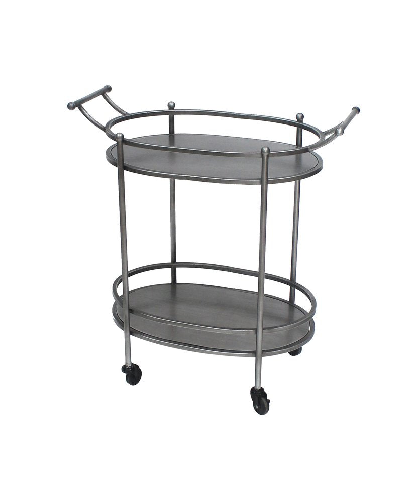 Bronze antique oval service cart with two shelves and wheels on a white background.