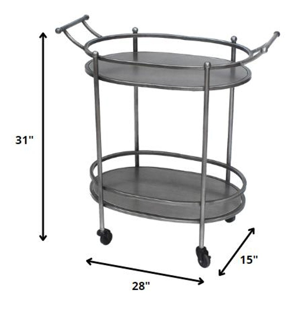 15 X 28 X 31 Bronze Antique Oval Service Cart. Kitchen cart isolated on a plain white background, finished in silver.