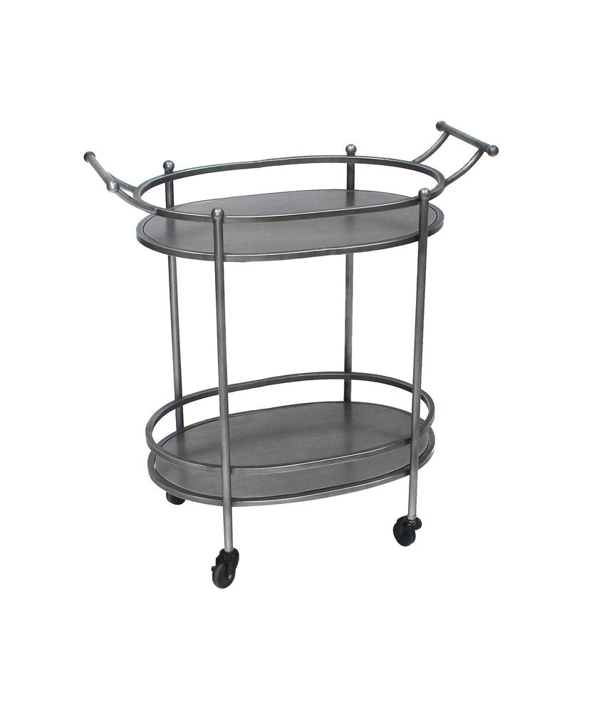 15 X 28 X 31 Bronze Antique Oval Service Cart. Kitchen cart isolated on a plain white background, showing its silver color.