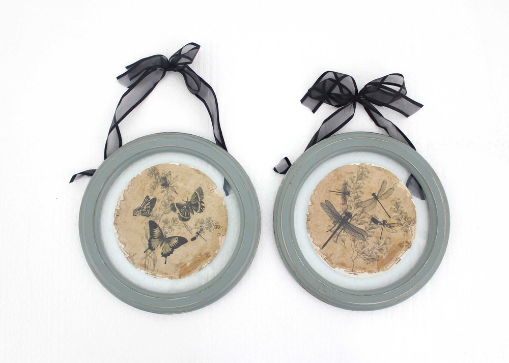 Two round framed artworks with black ribbon bows, one featuring butterflies and the other dragonflies, against a white background.