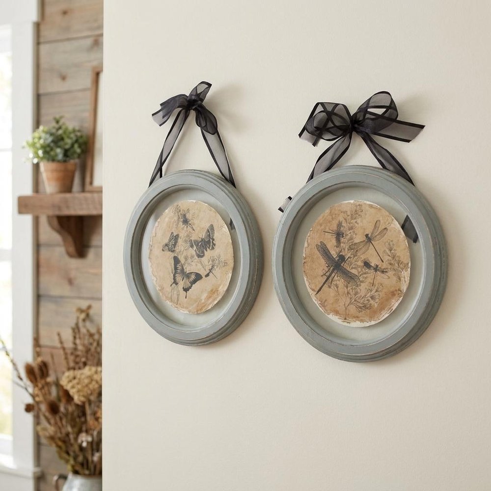 Set of Two Green And Ivory Butterfly Glass Circle on a white background