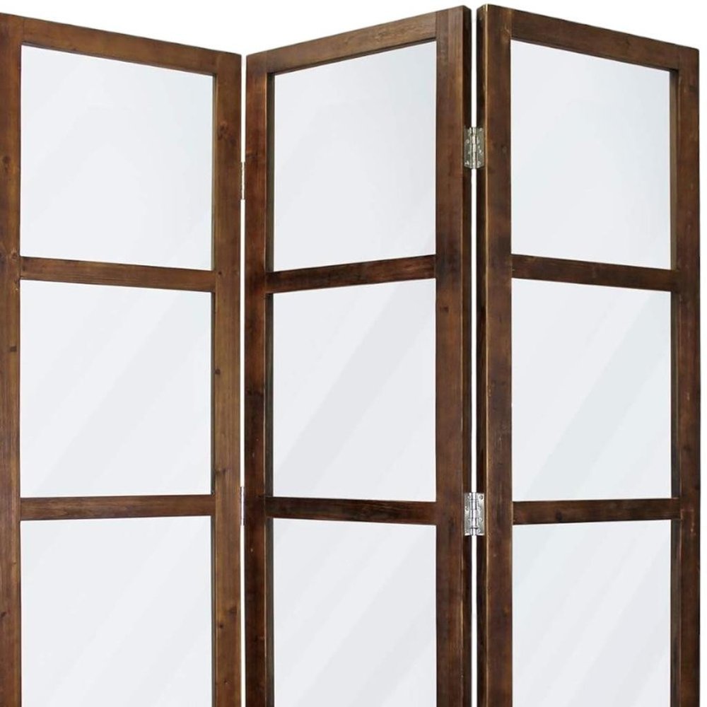 84" Brown Folding Three Panel Screen Room Divider - SKU 274608 on a white background