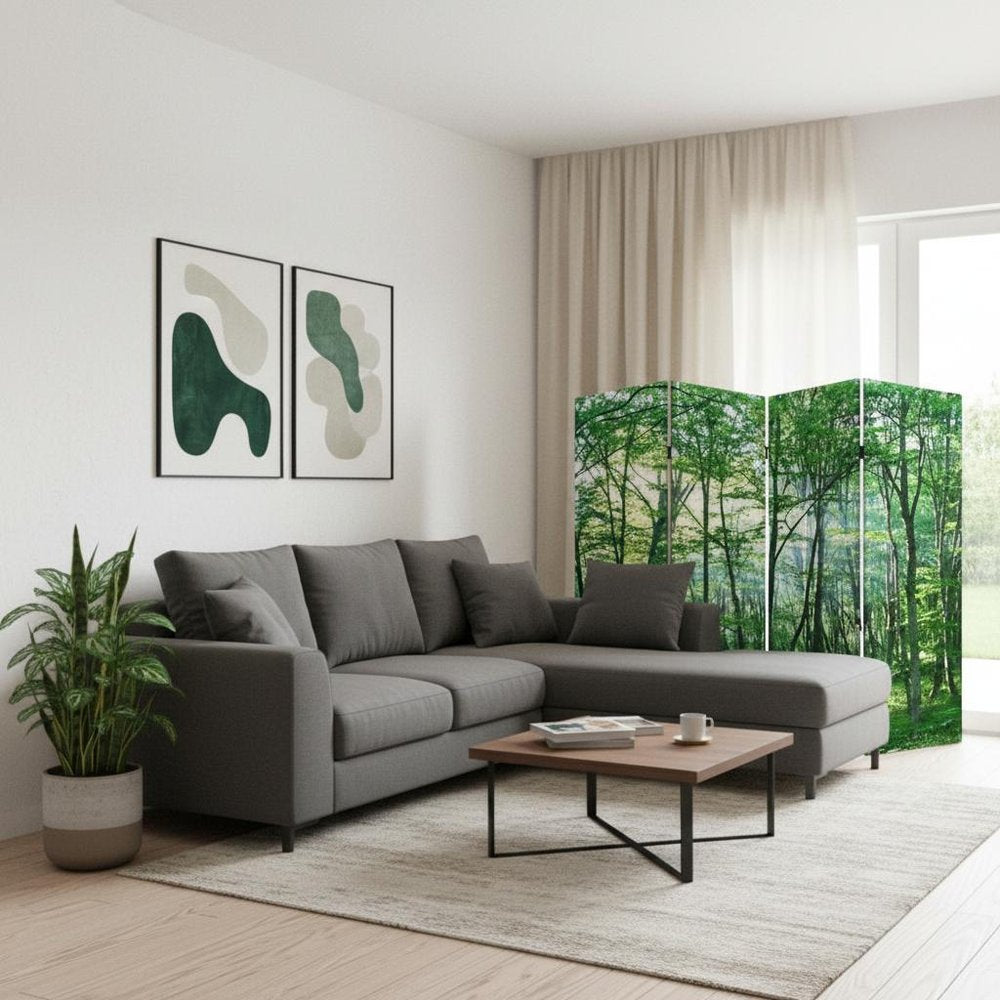84" Green Canvas Folding Four Panel Screen Room Divider in a home interior