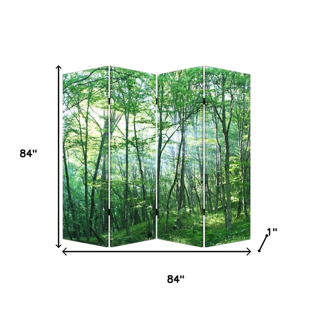 84" Green Canvas Folding Four Panel Screen Room Divider on a white background