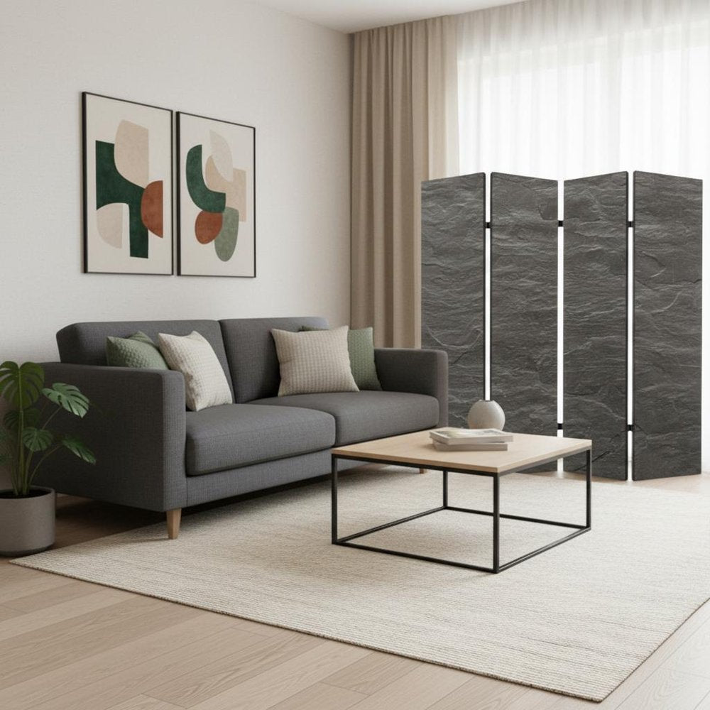 84" Gray Canvas Folding Four Panel Screen Room Divider in a home interior
