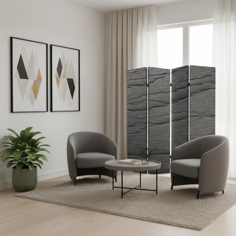 84" Gray Canvas Folding Four Panel Screen Room Divider on a white background