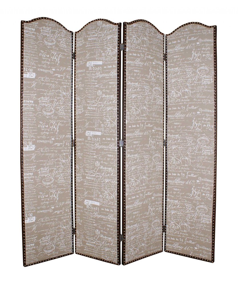84" Tan Fabric Folding Four Panel Screen Room Divider - 84.00" H x 80.00" W x 1.00" D on a white background