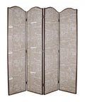84" Tan Fabric Folding Four Panel Screen Room Divider - 84.00" H x 80.00" W x 1.00" D on a white background