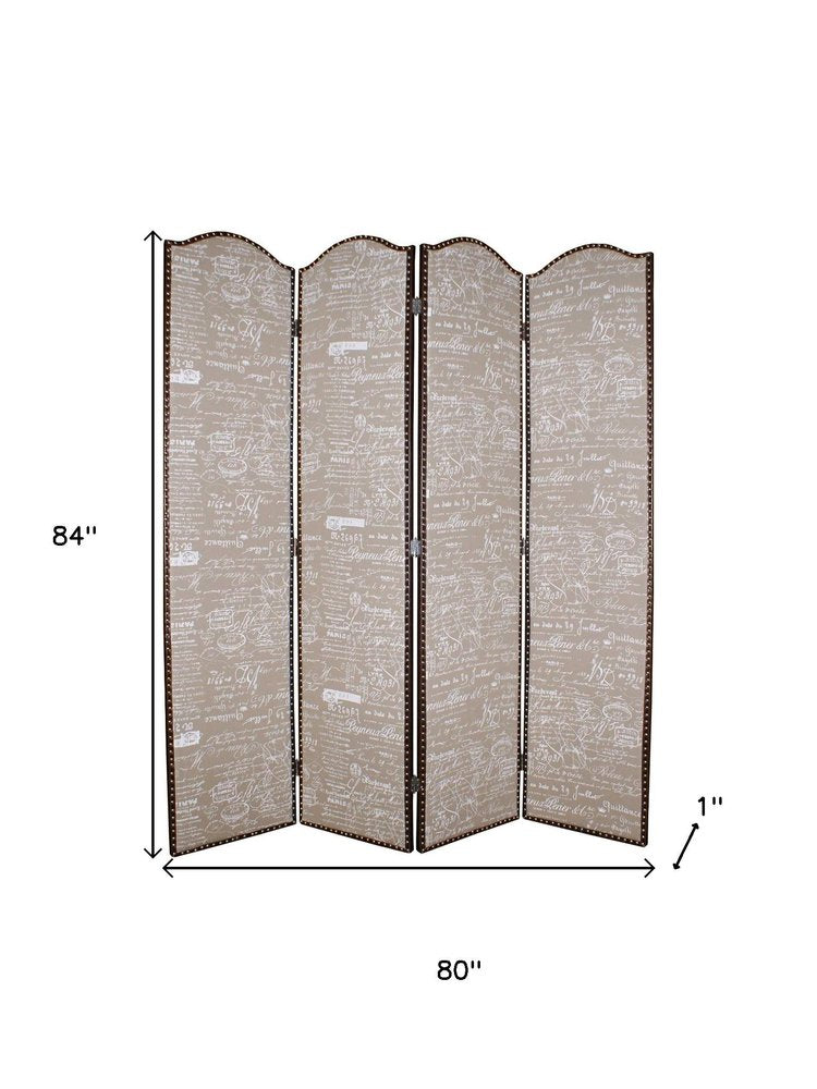 84" Tan Fabric Folding Four Panel Screen Room Divider - 84.00" H x 80.00" W x 1.00" D on a white background