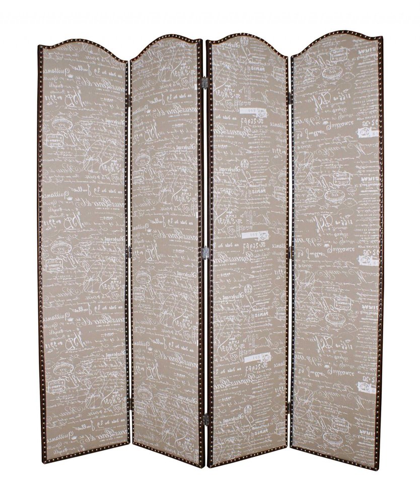 84" Tan Fabric Folding Four Panel Screen Room Divider - 84.00" H x 80.00" W x 1.00" D on a white background