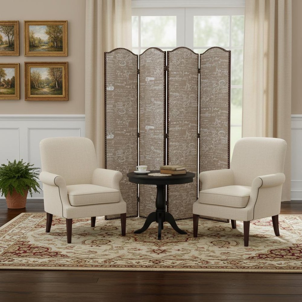 84" Tan Fabric Folding Four Panel Screen Room Divider - 84.00" H x 80.00" W x 1.00" D in a home interior