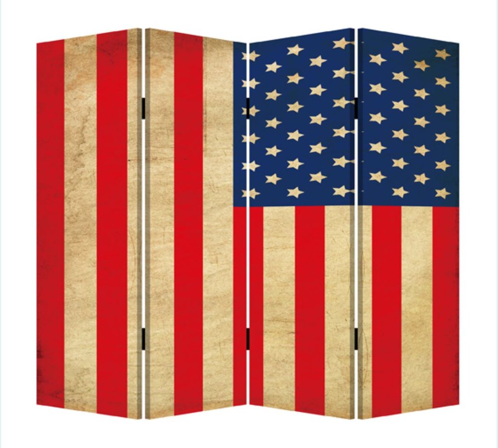 84" Red Natural And Blue American Flag Reversible Canvas Folding Four Panel Room Divider on a white background
