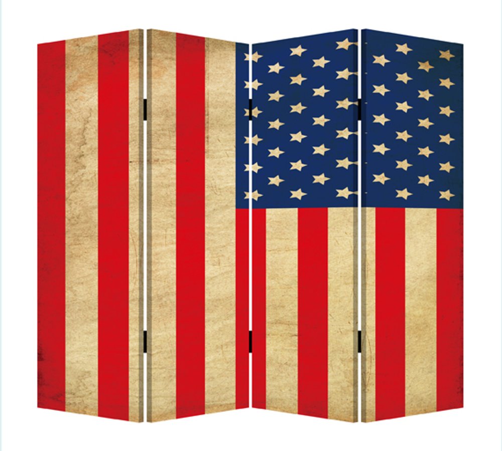 84" Red Natural And Blue American Flag Reversible Canvas Folding Four Panel Room Divider on a white background