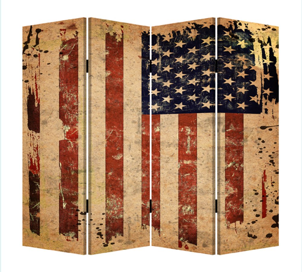 84" Red Natural And Blue American Flag Reversible Canvas Folding Four Panel Room Divider on a white background