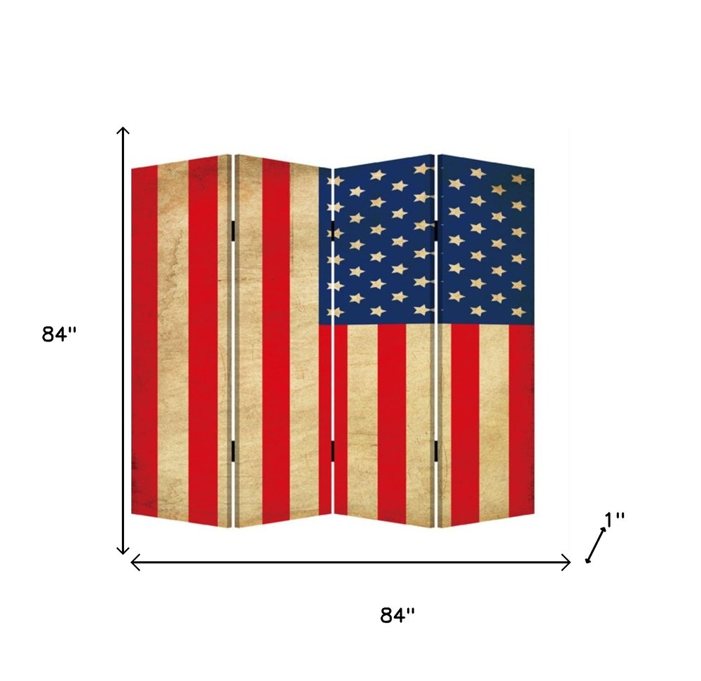 84" Red Natural And Blue American Flag Reversible Canvas Folding Four Panel Room Divider on a white background