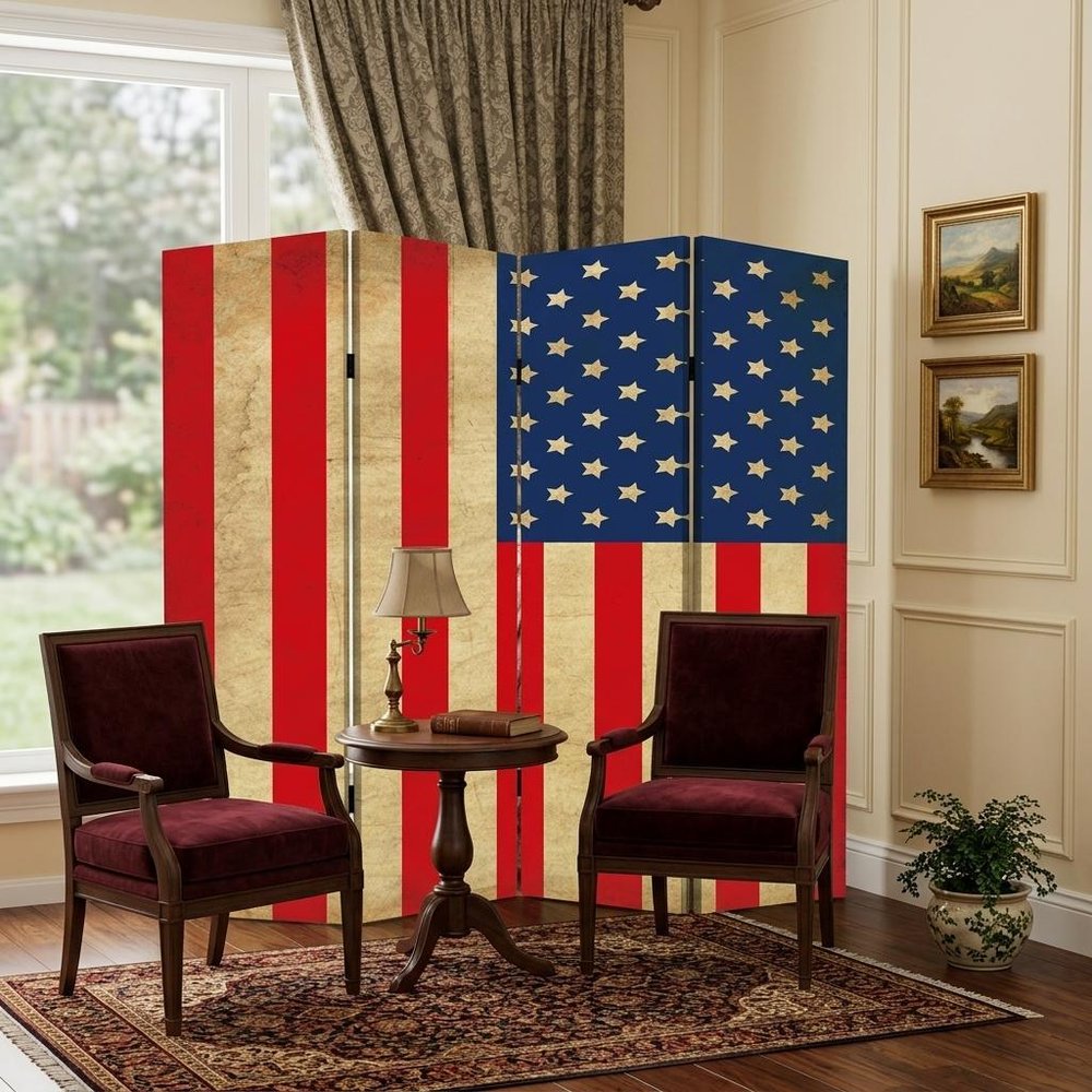 84" Red Natural And Blue American Flag Reversible Canvas Folding Four Panel Room Divider in a home interior