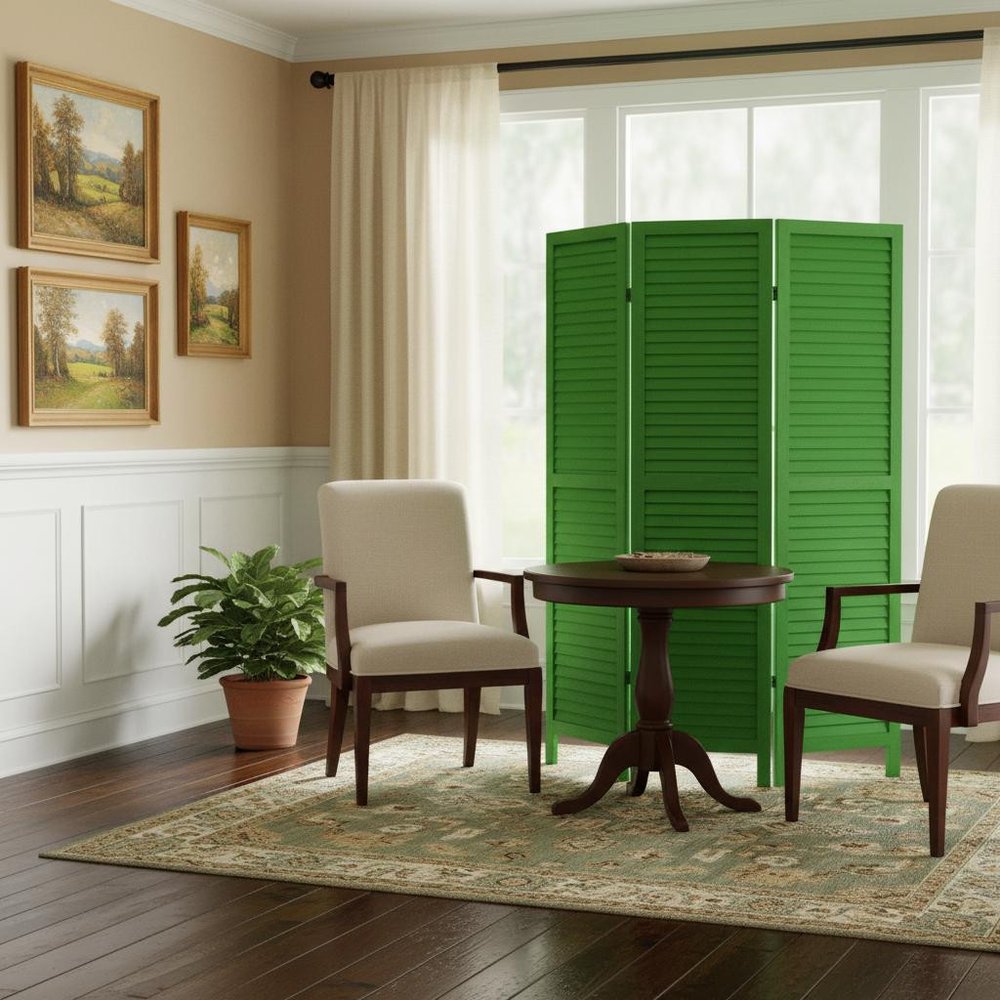 67" Green Wood Folding Three Panel Screen Room Divider