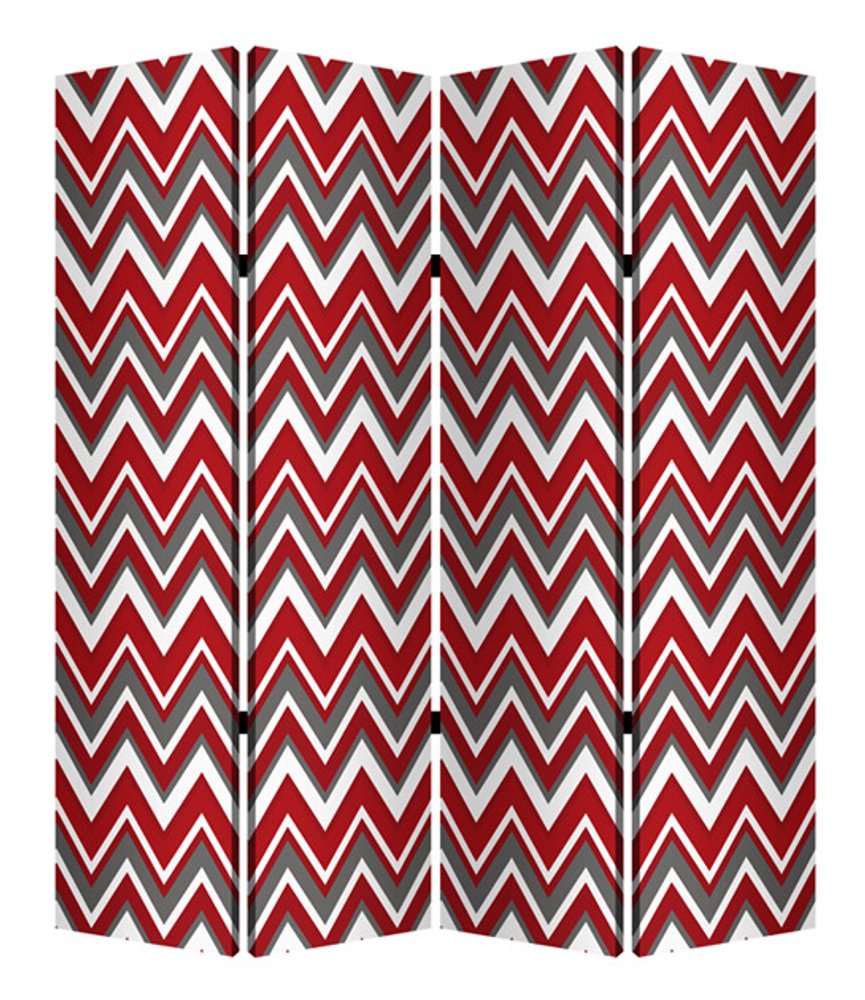 84" Red And Gray Canvas Folding Four Panel Screen Room Divider on a white background
