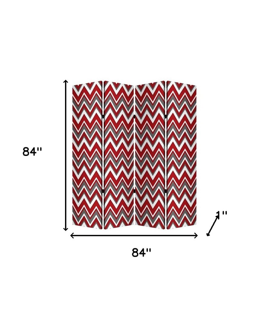 84" Red And Gray Canvas Folding Four Panel Screen Room Divider on a white background