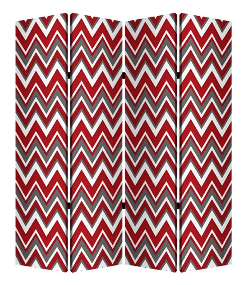 84" Red And Gray Canvas Folding Four Panel Screen Room Divider on a white background