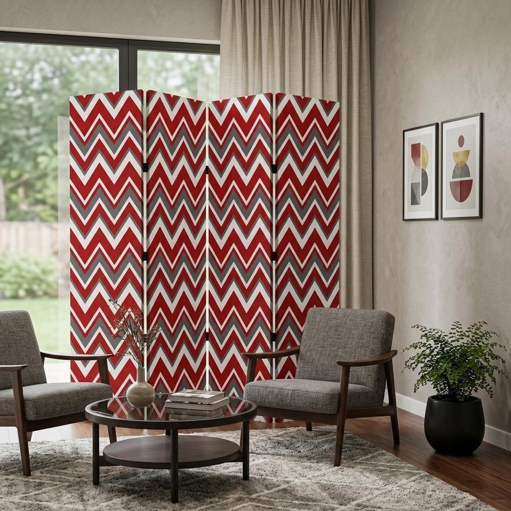 84" Red And Gray Canvas Folding Four Panel Screen Room Divider in a home interior