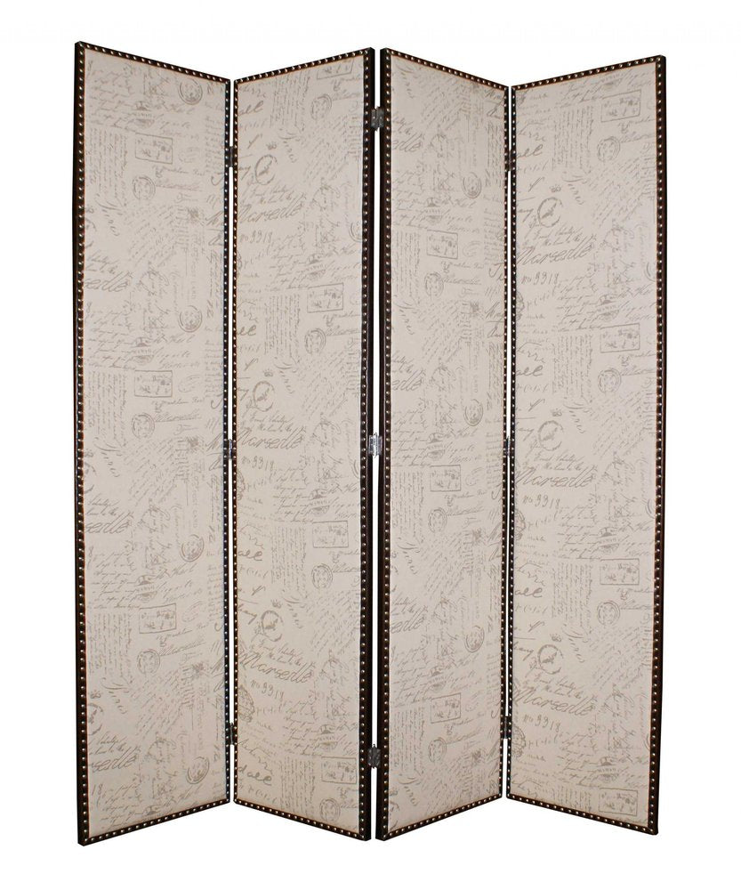 84" Tan Fabric Folding Four Panel Screen Room Divider - 84.00" H x 84.00" W x 1.00" D on a white background