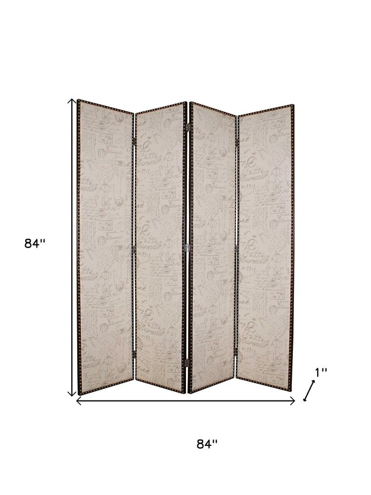 84" Tan Fabric Folding Four Panel Screen Room Divider - 84.00" H x 84.00" W x 1.00" D on a white background