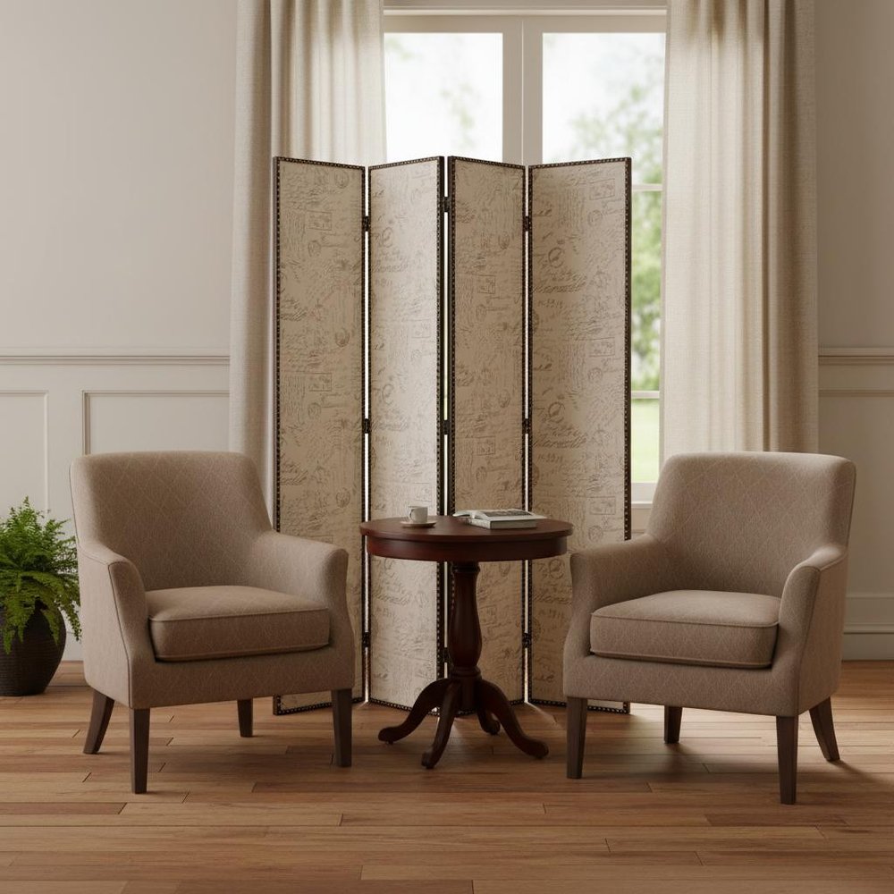 84" Tan Fabric Folding Four Panel Screen Room Divider - 84.00" H x 84.00" W x 1.00" D in a home interior