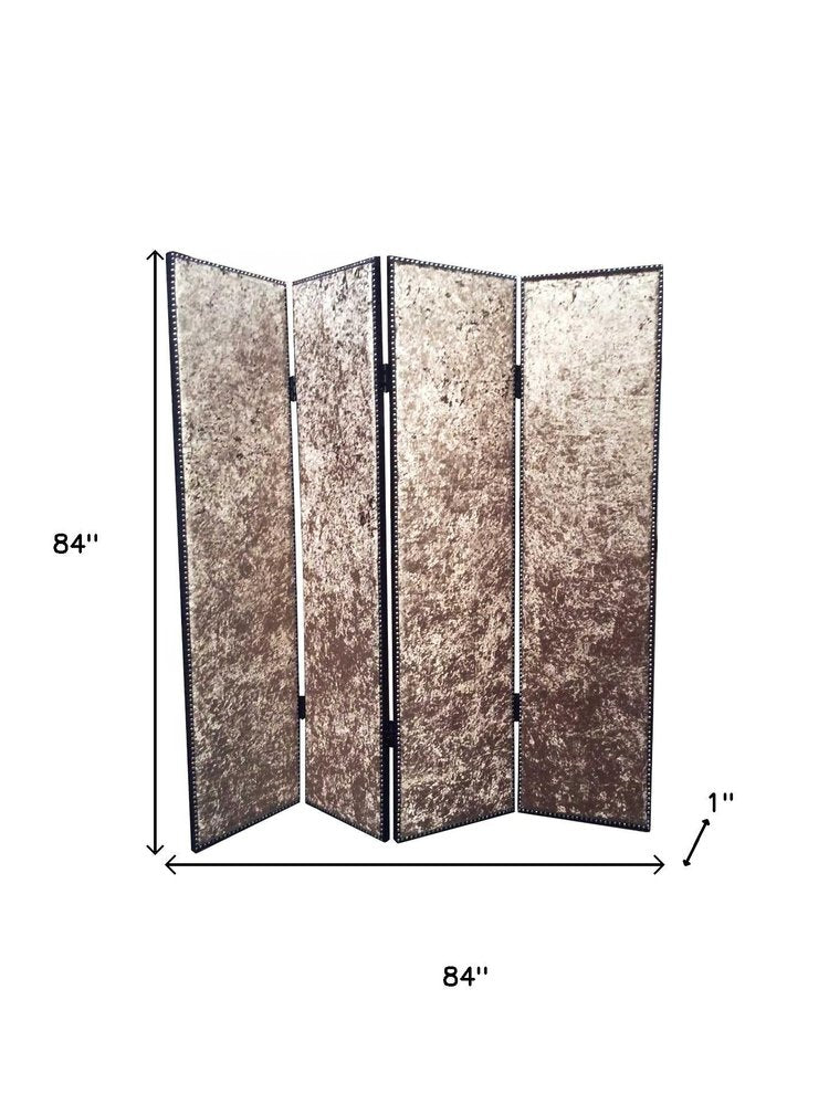 84" Tan Fabric Folding Four Panel Screen Room Divider - 84.00" H x 84.00" W x 1.00" D on a white background