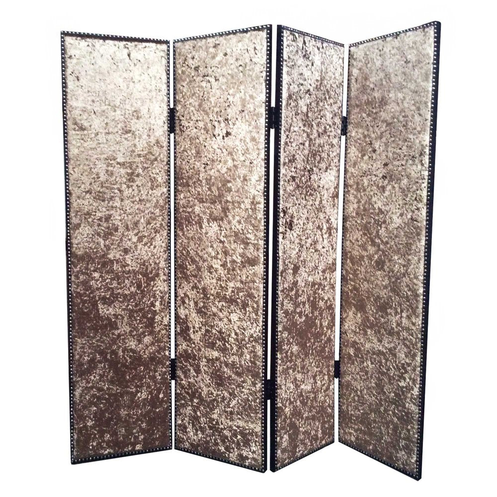84" Tan Fabric Folding Four Panel Screen Room Divider - 84.00" H x 84.00" W x 1.00" D on a white background