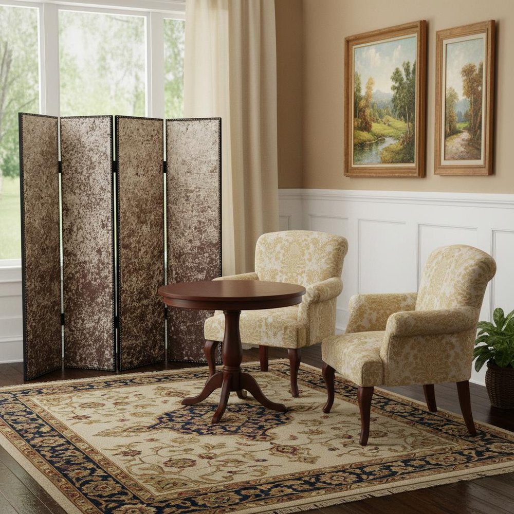 84" Tan Fabric Folding Four Panel Screen Room Divider - 84.00" H x 84.00" W x 1.00" D in a home interior