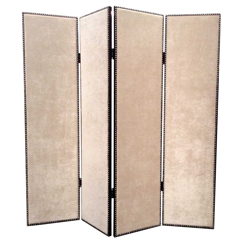 84" Tan Fabric Folding Four Panel Screen Room Divider - 84.00" H x 84.00" W x 1.00" D on a white background