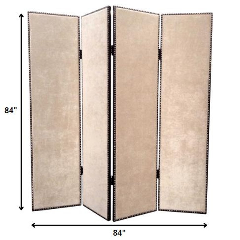 84" Tan Fabric Folding Four Panel Screen Room Divider - 84.00" H x 84.00" W x 1.00" D on a white background