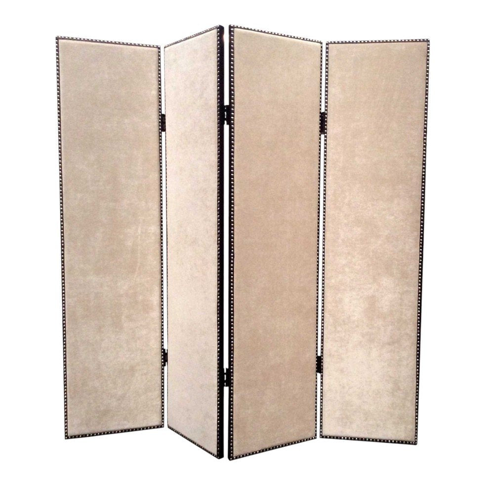 84" Tan Fabric Folding Four Panel Screen Room Divider - 84.00" H x 84.00" W x 1.00" D on a white background