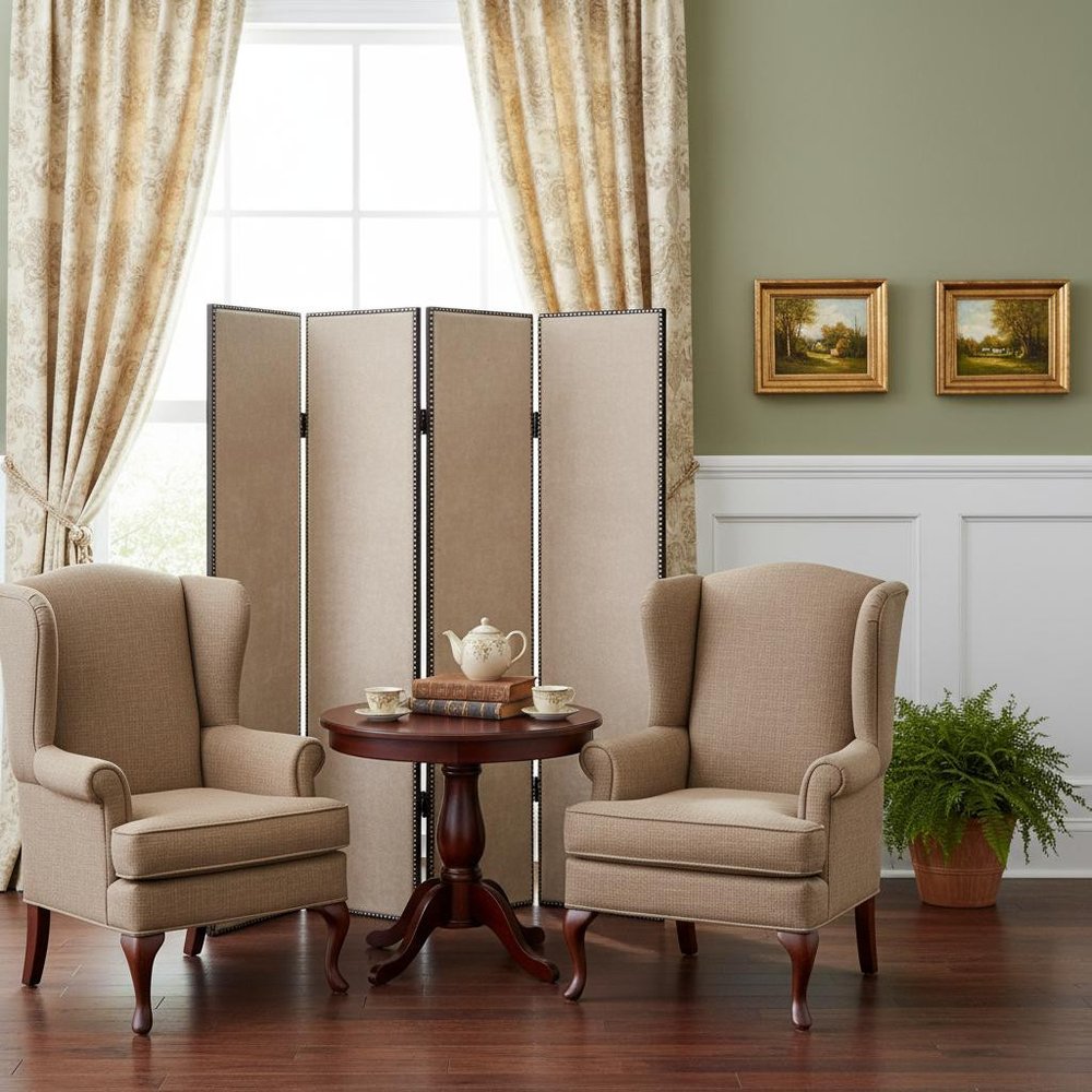 84" Tan Fabric Folding Four Panel Screen Room Divider