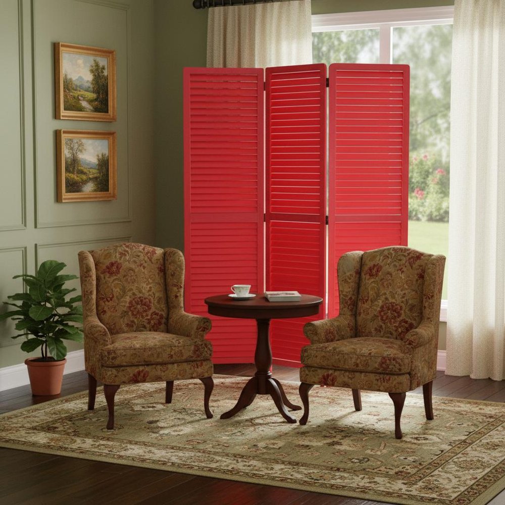 67" Red Solid Wood Panel Screen Room Divider