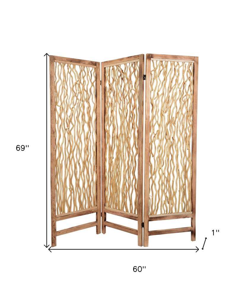 69" Brown Solid Wood Panel Screen Room Divider on a white background