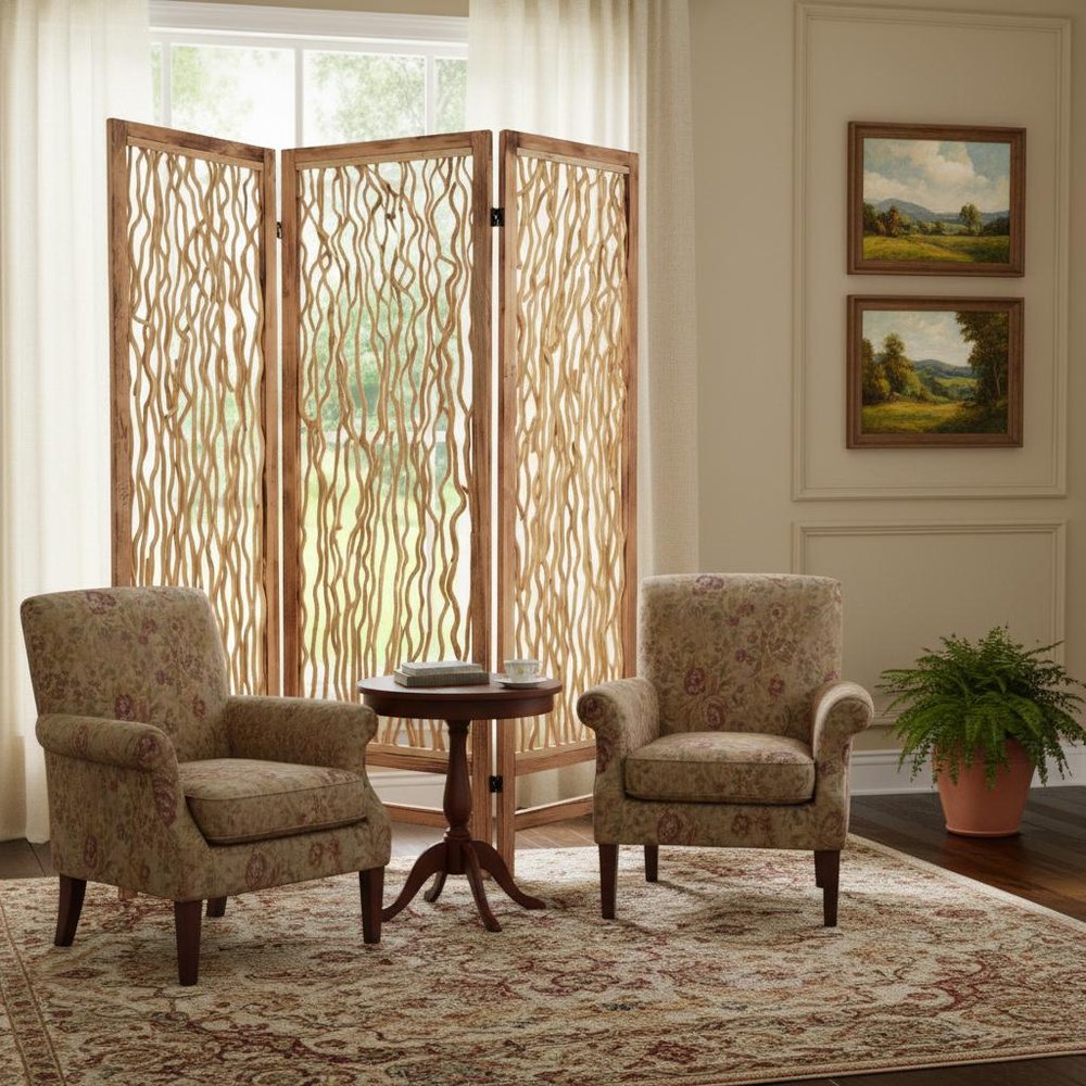 69" Brown Solid Wood Panel Screen Room Divider in a home interior