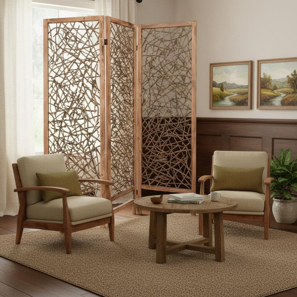 69" Brown Solid Wood Panel Screen Room Divider