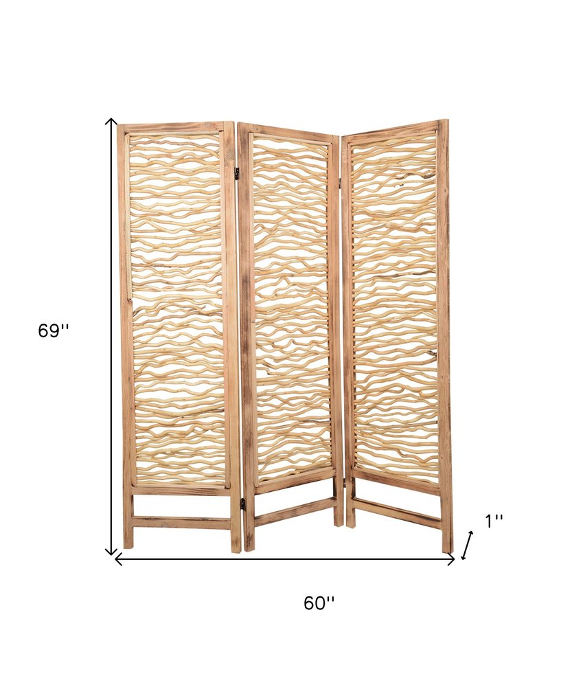 69" Brown Solid Wood Panel Screen Room Divider on a white background