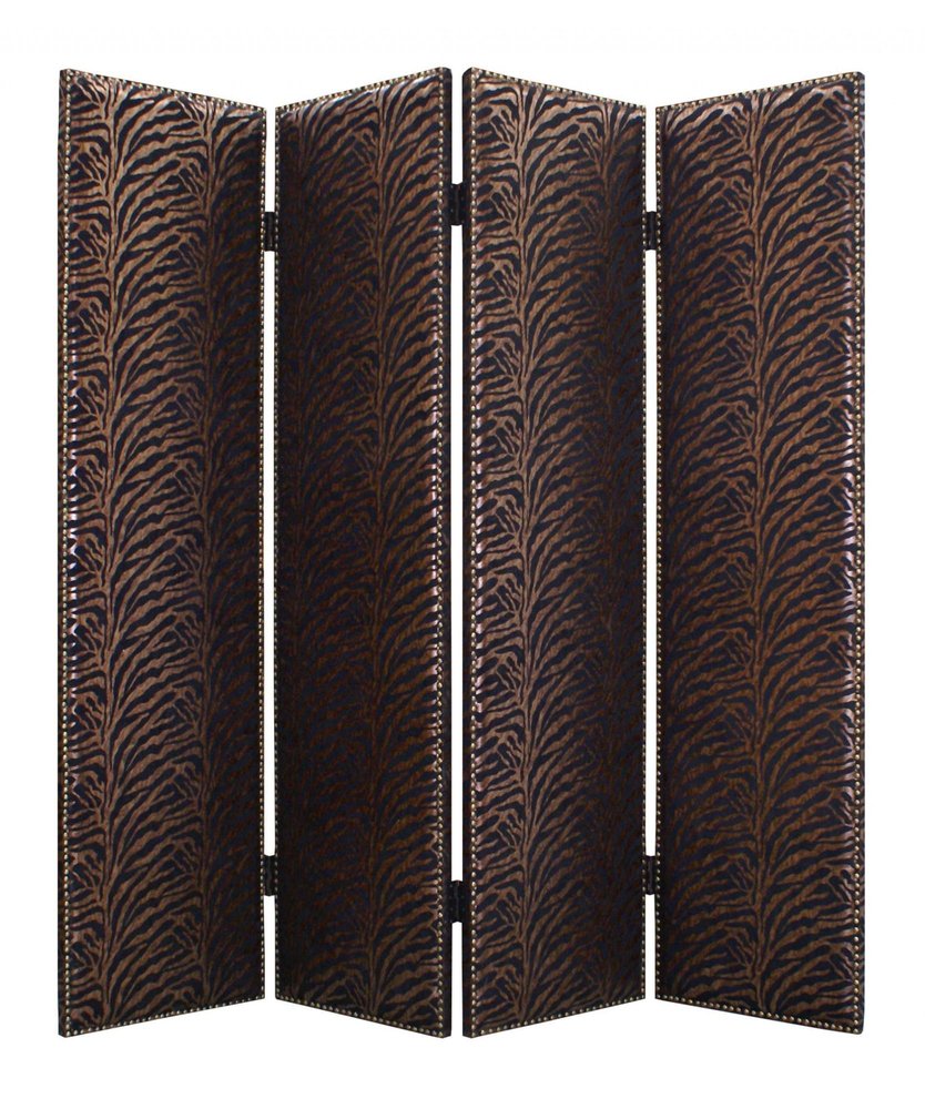 84" Bronze Fabric Folding Four Panel Screen Room Divider on a white background
