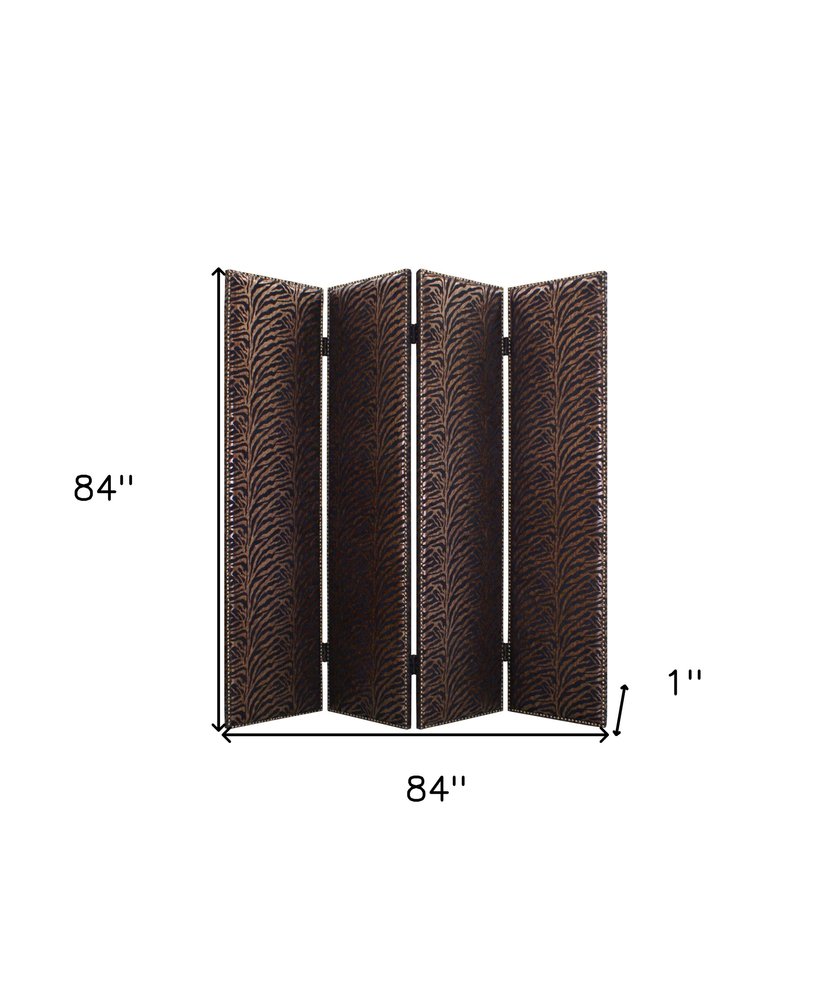 84" Bronze Fabric Folding Four Panel Screen Room Divider on a white background
