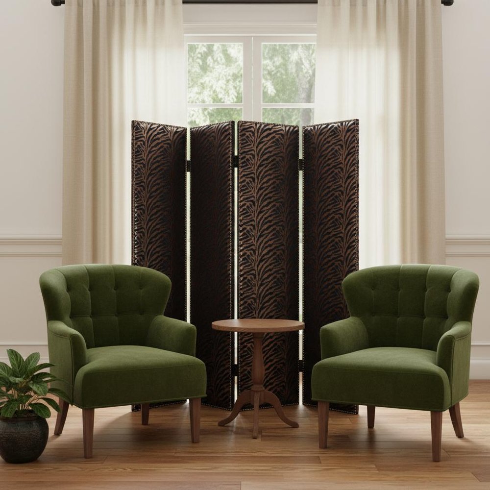 84" Bronze Fabric Folding Four Panel Screen Room Divider in a home interior