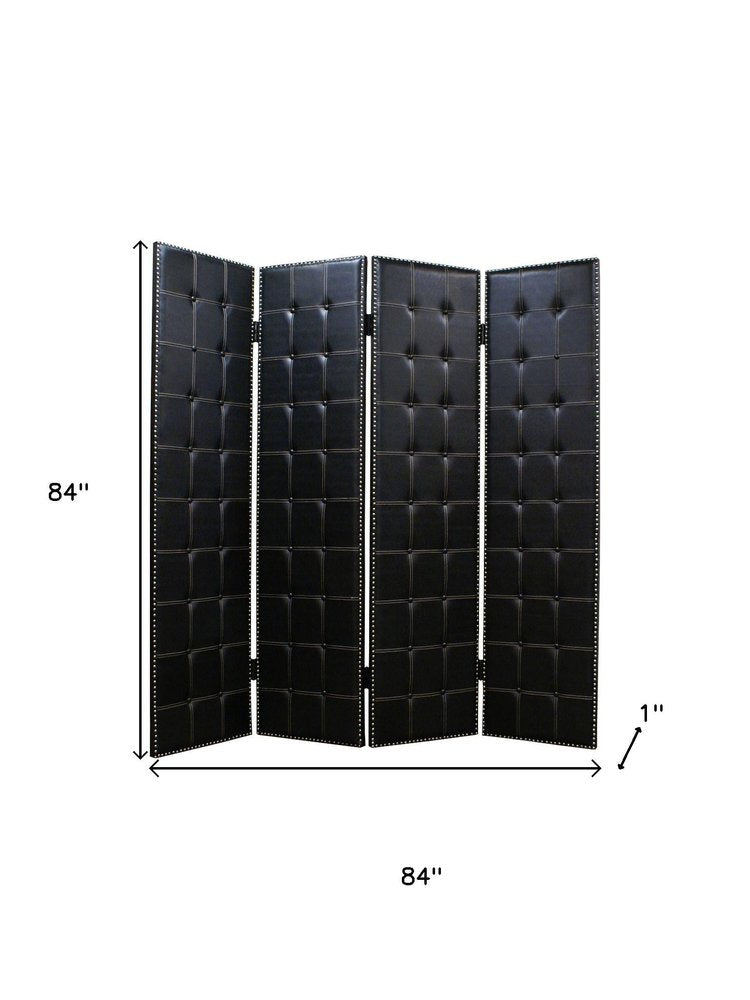 84" Black Faux Leather Folding Four Panel Screen Room Divider - SKU 274733 on a white background