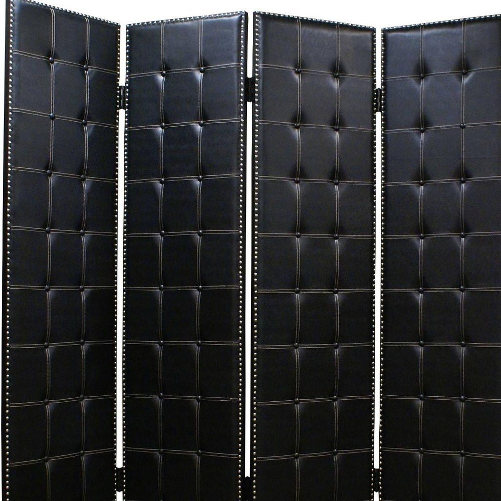 84" Black Faux Leather Folding Four Panel Screen Room Divider - SKU 274733